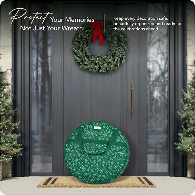 Covermates Keepsakes Wreath Storage Bag – Heavy-Duty Polyester with Buckle Straps & Interior Pouch – Protective Holiday Wreath Organizer with Handles, D-Ring & Label Window, Green Snowflake