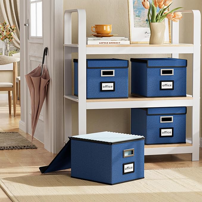 Huolewa File Organizer Box with Lid, Collapsible File Folder Organizer for Office Document Storage, Filing Box with Plastic Slide for Letter Size Hanging File Folders(1 Pack, Royal Blue)