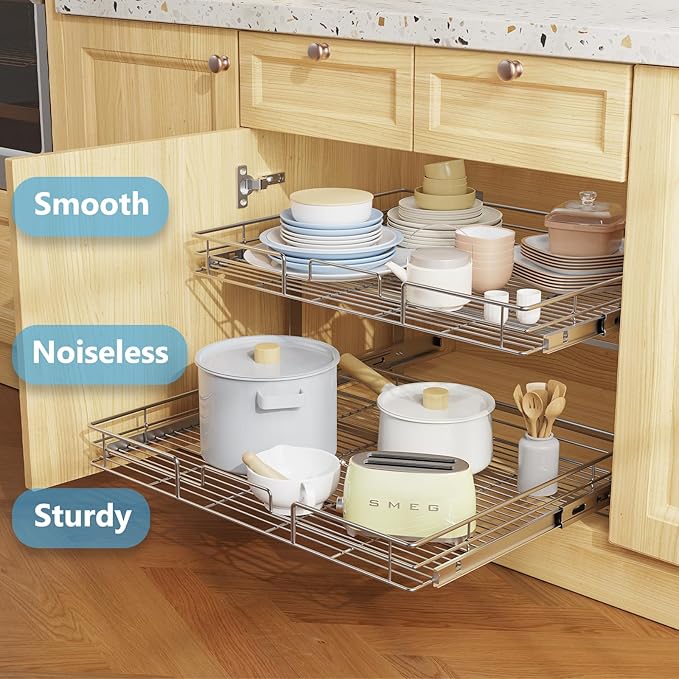 LOVMOR Individual Pull Out Cabinet Organizer, 2 Tier Slide Out Cabinet Drawers, Pots and Pans Organizer and Storage Pantry Shelf for Kitchen (25½" W x 21½" D)