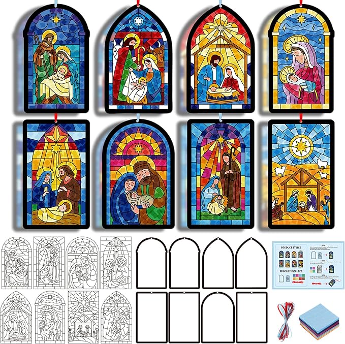 Tinlade 32 Set Winter Nativity Scene Suncatchers Craft Kit DIY Christian Suncatcher Crafts with Tissue Paper Religious Arts Projects Window Stained Glass Hanging Ornaments Winter School Activities
