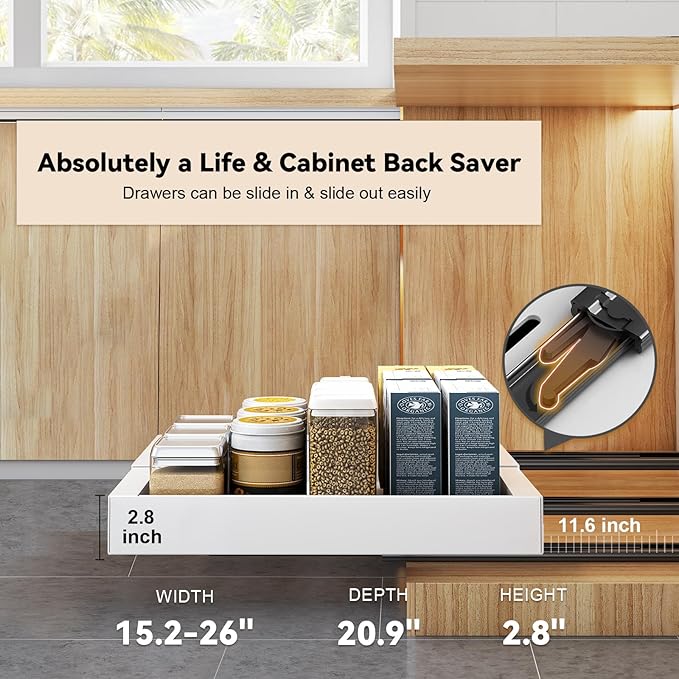 4 Pack Pull Out Cabinet Organizer for Pots and Pans, Upgraded 3-Slide Rail System with Adhesive Pads, Expandable Width (15.2"-26.2") Fits 21" Deep Framed/Frameless Cabinets, White Slide-Out Shelves