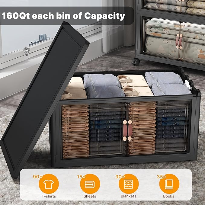 Stackable Storage Bins with Lids & Wheels & Door, Foldable Collapsible Closet Organizers, Extra Large Plastic Storage Drawers for Bedroom Dorm Office Garage (Dark-160qt, 5Pack with 1 top lid)