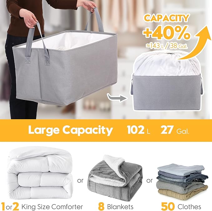 Hinwo 102L XXL Storage Bins, 2-Pack Closet Organizers and Storage, Foldable Clothes Storage Baskets with Handles, Containers for Clothing, Blanket, Comforters, Toys, Bedding (White)