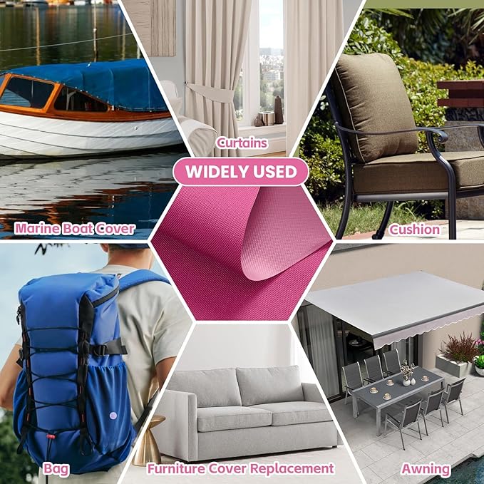 Waterproof Marine Canvas Fabric by The Yard 58" W 600D PVC Backing Water-Resistant Polyester Fabric Upholstery Material for Outdoor Indoor Marine Awning Tent Boat Furniture Cover DIY, 15 Yards Pink