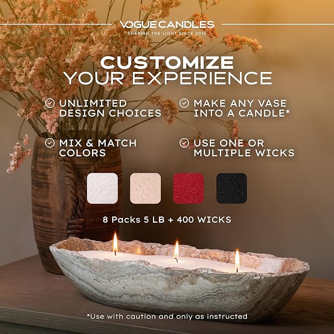 Vogue Candles White Pearled Candle Sand Wax (5 LB) – Mother’s Day Candle Kit with 400 Cotton Wicks for DIY Home Lighting – Plant-Based & Reusable Wax Granules Refill for Custom Vessels (8 Pack)
