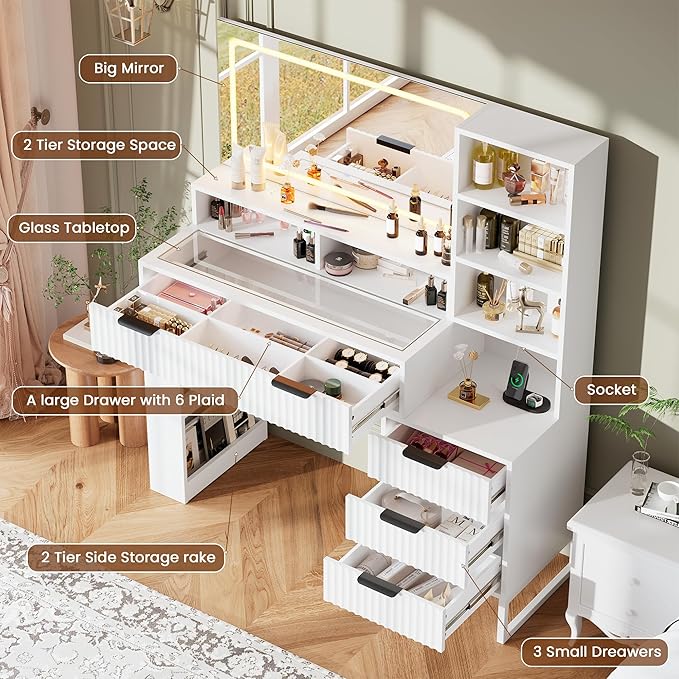 HAIOOU Fluted Vanity Desk with Mirror and Lights,48" Large Makeup Vanity Desk with Charging Station,Dressing Table with 4 Drawers & 3 Open Storage Shelves, Glass Top for Bedroom,White