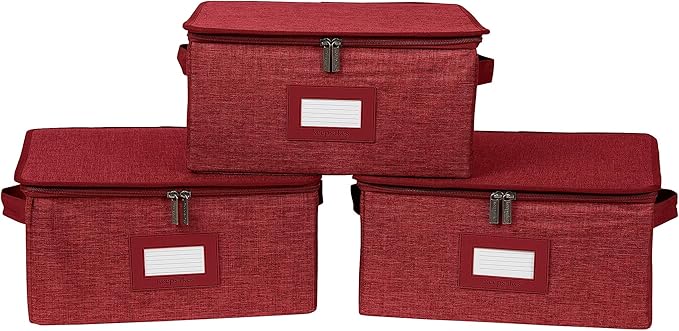 Covermates Keepsakes Zip-Top Storage Box Set, 3 Pack Heavy Duty Polyester Organizer Bins, Stackable Design, ID Window, Reinforced Handles, Closet Home Storage, Red Heather
