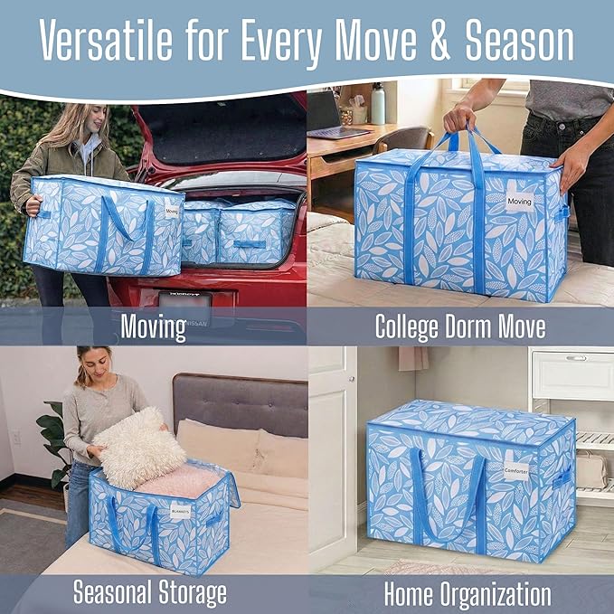 VENO 4 Pack Heavy Duty Moving Bags, Extra Large Storage Bags with Reinforced Handles & Strong Zippers, Foldable & Reusable Moving Box Alternative for Clothes & Dorm Storage