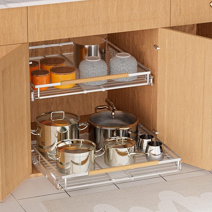 SANNO Pull Out Cabinet Organizer, Slide Out Cabinet Shelf,Under Sink Slide Out Cabinet Organizer, Pots Pans Organizer Smooth Roll,Expandable Width 16.1 to 26.4" W