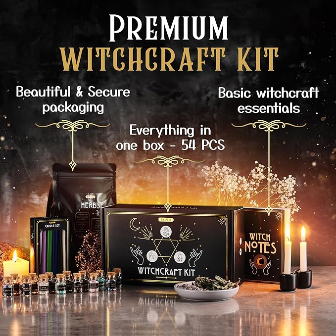 Wyspell Witchcraft Supplies Kit for Witch Altar 54PCS - Spell Candles for Witches - Crystals Spell Jars for Witches - Herbs for Spells - Beginner Witch Starter Box - Witchcraft Kit