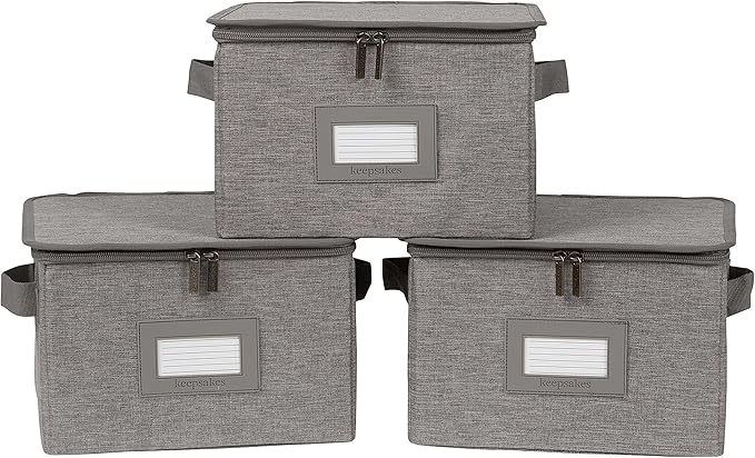 Covermates Keepsakes Zip-Top Storage Box Set, 3 Pack Heavy Duty Polyester Organizer Bins, Stackable Design, ID Window, Reinforced Handles, Closet Home Storage, Grey Heather