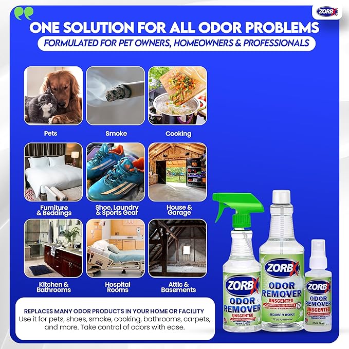 ZORBX Unscented Multipurpose Odor Eliminator 3 items Bundle: 2 Oz + 16 Oz + 32 Oz - Used in Hospitals & Healthcare Facilities - Advanced Trusted Formula - Perfect Bundle to Get Rid of Unpleasant Odors