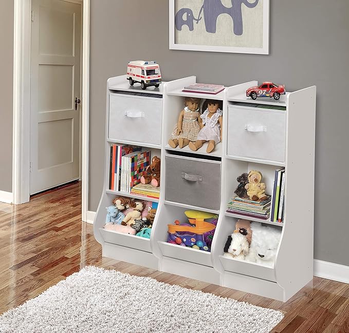 Badger Basket Upright Storage Nook with Reversible Basket - Melamine Surface, 2 Shelves & 1 Angled Bin, Customizable Storage Solution for Kids - White