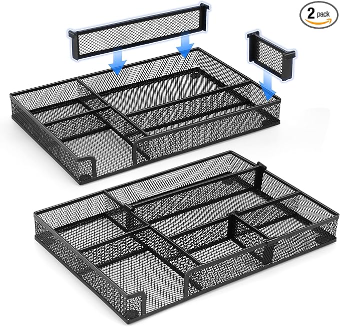 Desk Drawer Organizer, 2 Pack Junk Drawer Organizer Tray with 2 Adjustable Compartments, Desktop Metal Mesh Office Desk Organizer, Multifunction Pen Organizer Set for Office School Makeup Supplies (2)