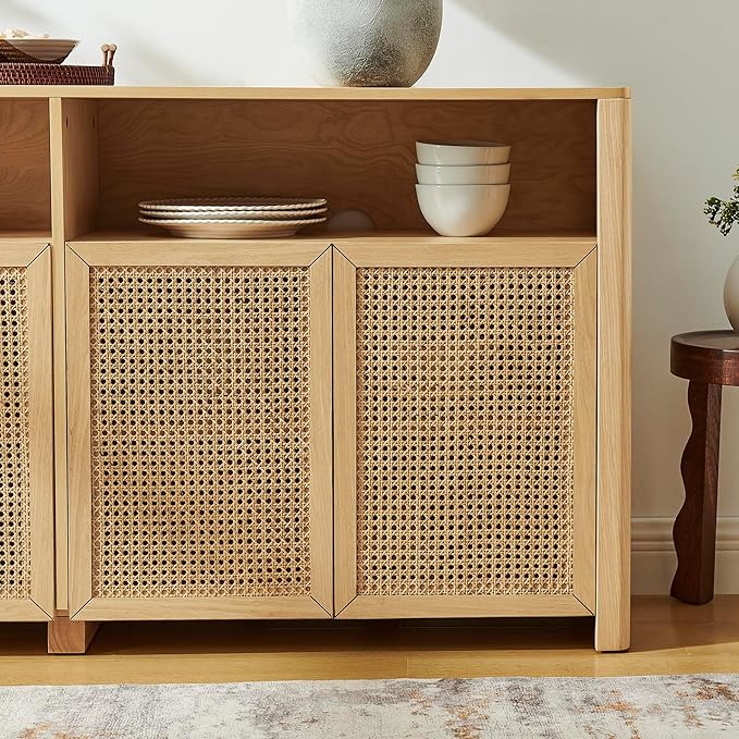 63’’ Rattan Sideboard Cabinet, Boho Mid Century Modern Credenza Buffet Table & TV Console with Adjustable Shelves and Open Storage for Living Room, Hallway, Entryway, Kitchen & Dining, Natural