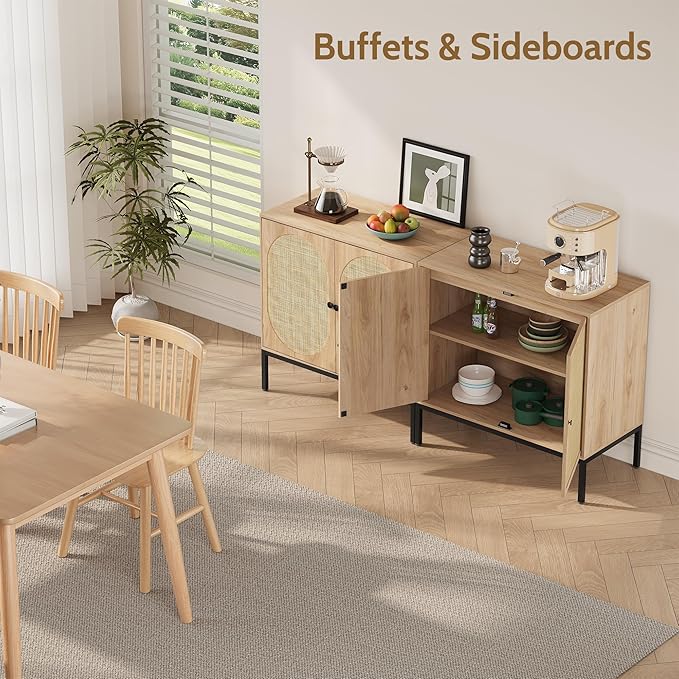Yechen Set of 2 63" Sideboard Cabinet with Natural Rattan Hand-Woven Doors, Rattan Cabinet, Accent Buffet Storage Console Cane Credenza, for Living Room Entryway, Metal Legs/Natural