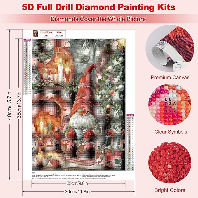 MEIYUDA Christmas Diamond Painting Kits for Adults, 5D Christmas Gnome Diamond Art Kits for Adult Beginners, Vintage DIY Full Diamond Art Painting Kit for Home Wall Decor Gift 12x16inch