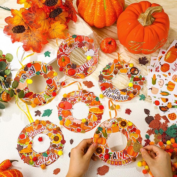 Hollowfly 48 Sets Wreath Craft Kits DIY Wreath Hanging Ornaments Make Your Own Paper Craft with Stickers for Home Party Favors Activities(Autumn)