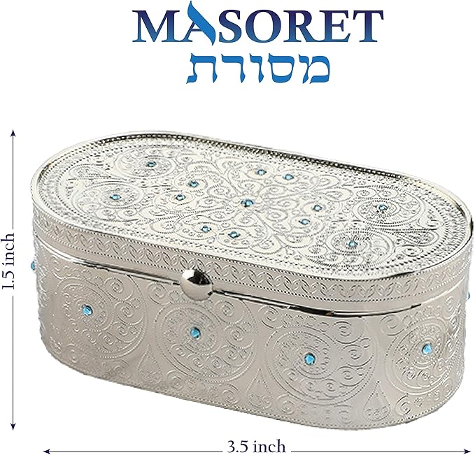 Travel Size Shabbat CANDLESTICKS: Jewish Nickel Filigree Box with Inlaid Hebrew Cover and Blue Stones for 2 Candles