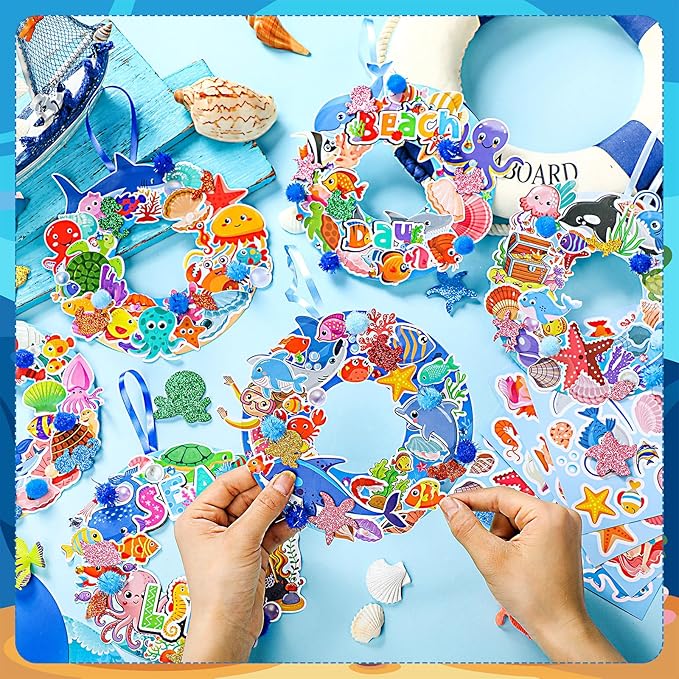 Hollowfly 48 Sets Wreath Craft Kits DIY Wreath Hanging Ornaments Make Your Own Paper Craft with Stickers for Home Party Decor Activities(Summer Ocean)