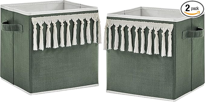 Sweet Jojo Designs Dark Green Boho Chic Foldable Fabric Storage Cube Bins Boxes Organizer Baby Solid Sage Hunter Ivory Bohemian Gender Neutral Linen Tassel Modern Farmhouse Designer Minimalist Set 2