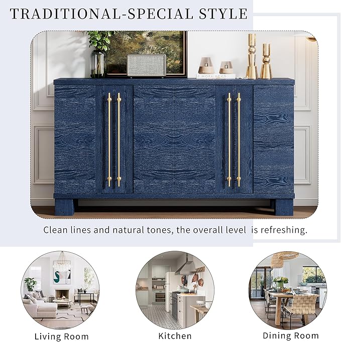 Amposei Modern Sideboard Cabinet 60-Inch Wood Console Storage Cabinet Credenza Dining Buffet Table with 4 Doors and Adjustable Shelves for Living Room Entryway, Navy Blue