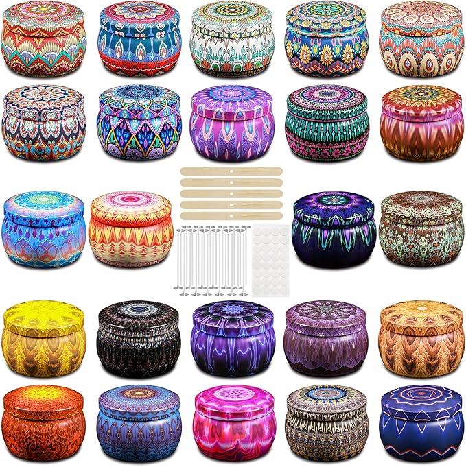 Domivirgo 24 Empty Candle Tins 5.4 oz with Lids - Simple Candle-Making Kit, Includes Wicks, Holders & Stickers, Multi-Purpose Storage Containers for Crafts & Small Items