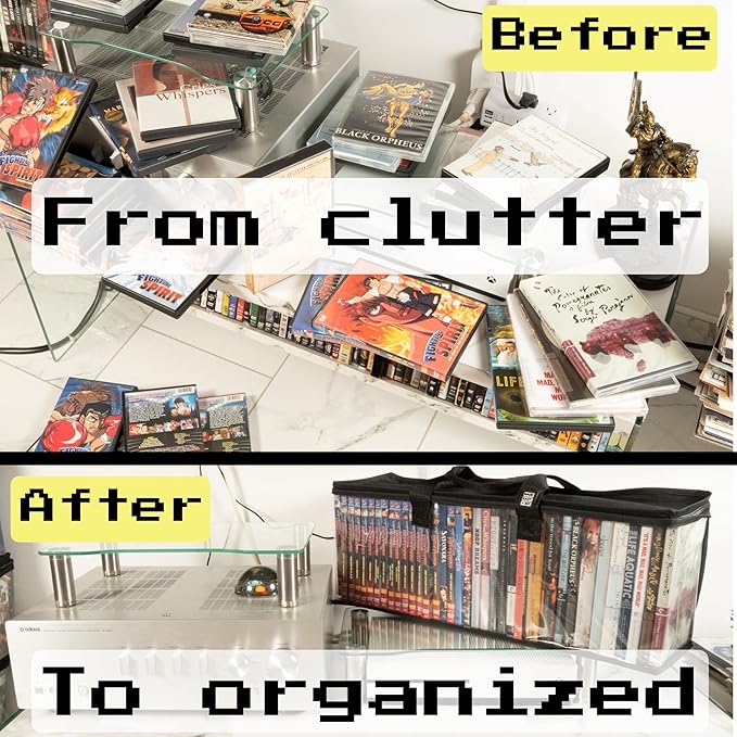 Made Easy Kit Clear View Media Storage Bag for DVDs, VHS & Video Game Cases- Protect Your Collection & Preserve The Quality of Your Cases - Stackable, Space-Saving, Fits 40 (Black DVD, 6-Pack)