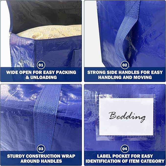 8 Pack Extra Heavy Duty Large Moving Bags with Strong Zipper & Carrying Handles, Sturdy Clothes Storage Bag Totes Bins, Packing Bags Moving Boxes College Moving Supplies, Dark Blue - 33 gal