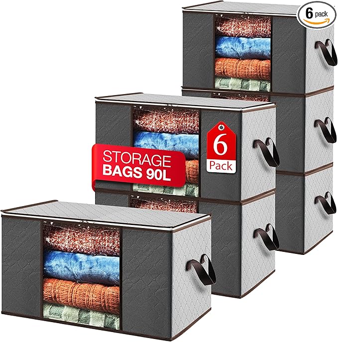 Storage Bags For Clothes - 6-Pack Collapsible Organizers for Blankets, Bedding & Clothes - Large 90L Zip Bags with Handles - Clear Durable Containers for Closet Organization (Grey)