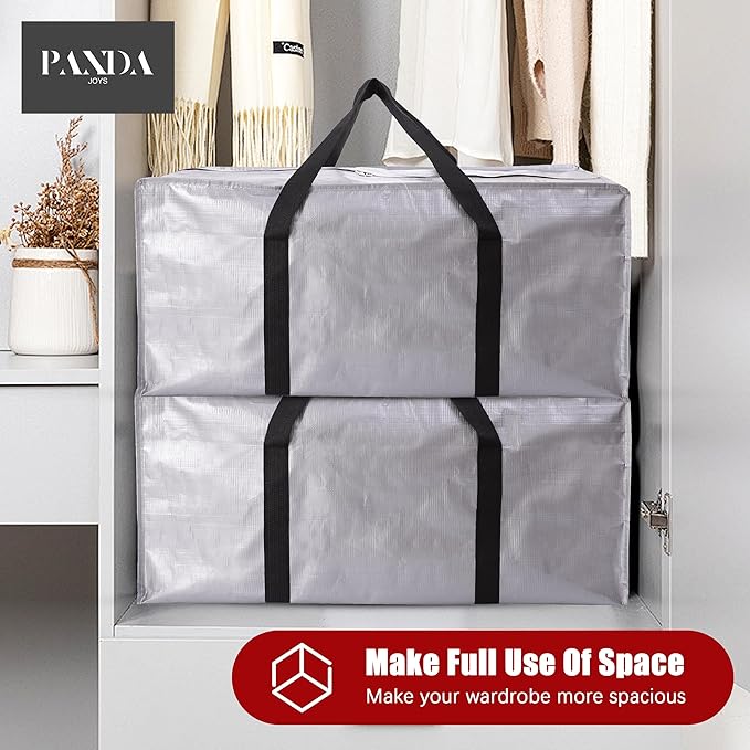 PANDA JOYS Extra Large Moving Bags with Zippers & Carrying Handles, Heavy-Duty Storage Tote for Space Saving Moving Storage, Fold Flat, Alternative to Box and Bin - 12 Pack, Silver