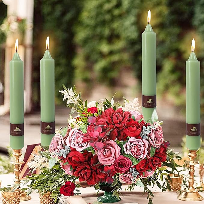 Green Taper Candles 9 inch - 4 Pack Fat Candle Taper Candles Dripless, Smokeless, Unscented Tall Candlesticks - Perfect for Home Decor, Weddings, and Special Occasions