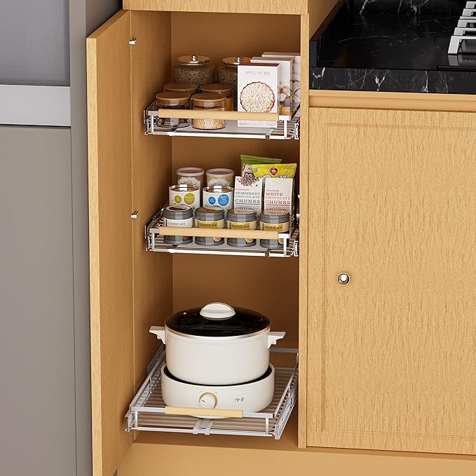 SANNO Expandable Pull Out Cabinet Organizer, Heavy Duty Under Sink Slide Out Cabinet Organizer, Pots Pans Kitchen Organizer Basket, Smooth Roll adjustable Sliding Drawer Expand to 12 to17.5, 2 Pack