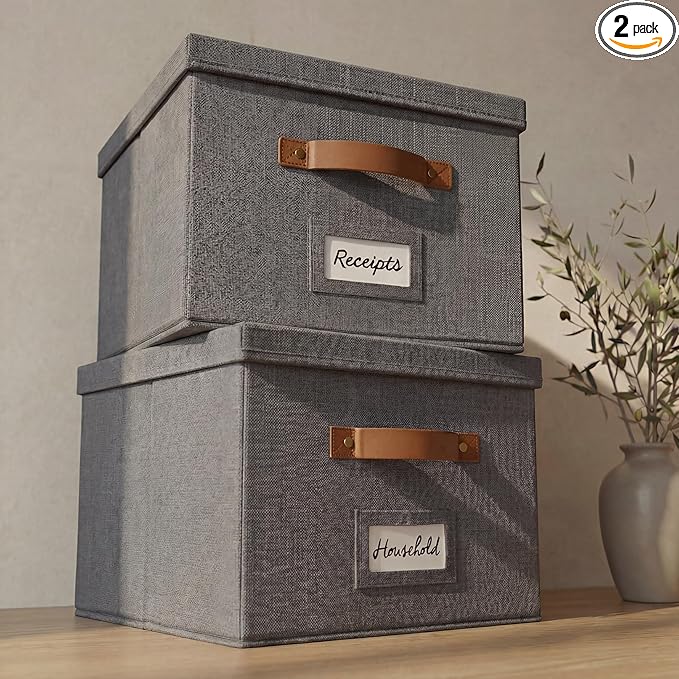 ZICOTO Decorative File Organizer Box Set of 2 - Collapsible Linen Filing Cabinets w/Handles Are Perfect to Store all Your Documents & Hanging File Folders - Portable Easy Slide Crates with Lid