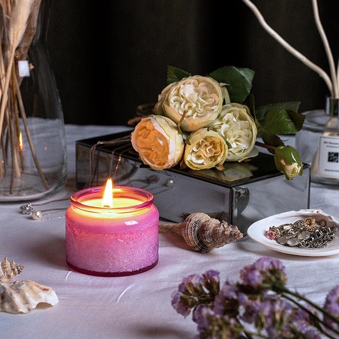 18-Pack 4oz Embossed Glass Candle Container with Bamboo Lids and Labels, Purple Candle Jars for Making Candles, Mandala Design