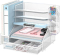 SUPEASY Desk Organizer with File Holder, 5-Tier Mesh Paper Letter Tray and 3 Tilted File Sorter for Office Supplies, White