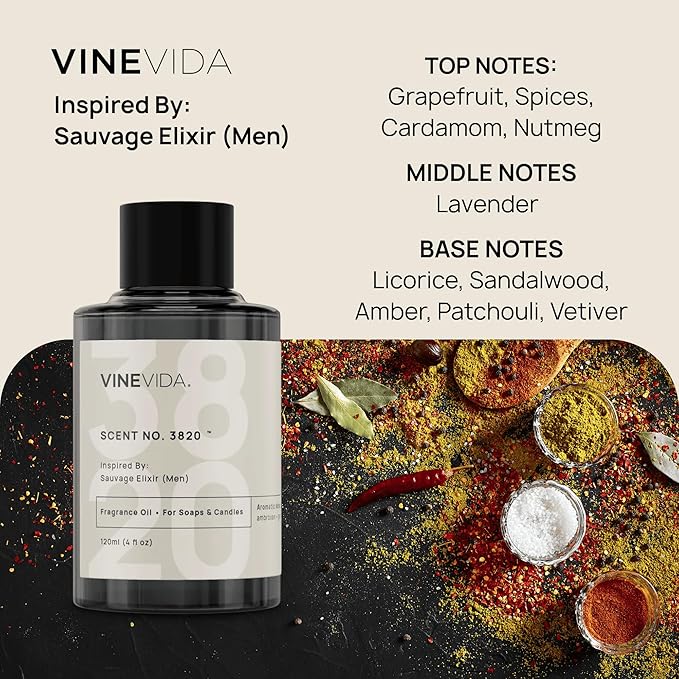 VINEVIDA [4 Oz] Scent No. 3820 Inspired by Sauvage Elixir (Men); Fragrance Oil for Candle Making and Soap Making - Premium Candle Scents for Soy Candles