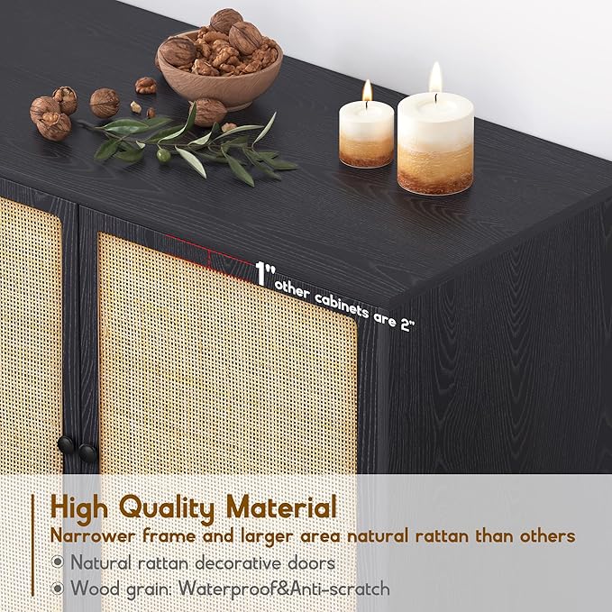 XIAO WEI Sideboard Buffet Cabinet with 2 Natural Rattan Decorated Doors, 31.5" W Accent Rattan Cabinet, Boho Credenza Storage Cabinet, for Living Room Dining Room Hallway, Metal Legs, Black(2 PCS)