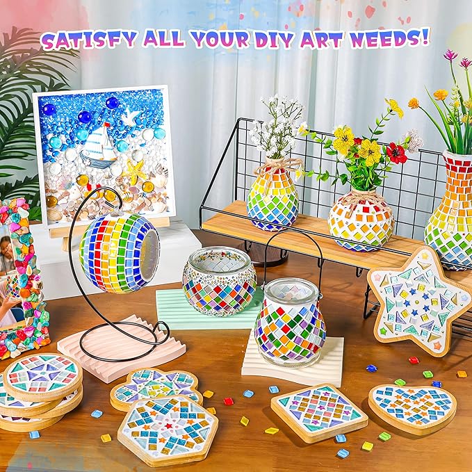 Joyclub DIY Mosaic Candle Holder Kit Mosaic Kits for Adults Stained Glass Tealight Candle Holder with Handle for Home Lighting Decor Girls Birthday Craft Gifts
