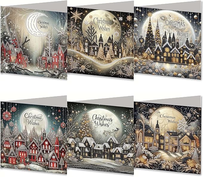 6PCS Diamond Art Christmas Cards with envelopes, Festive Holiday Greeting Cards Kit, Christmas Diamond Art Kits for Adults