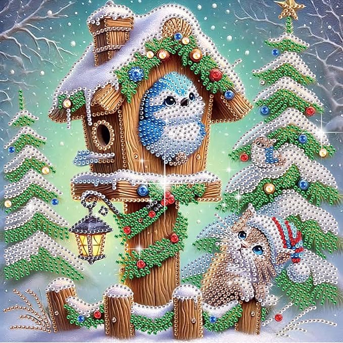 Diamond Painting Bird on Birdhouse with Cat and Christmas Tree, 5D DIY Special Shaped Diamond Art Kits for Adults, Crystal Rhinestones Holiday Winter Canvas, Christmas Home Wall Decor Crafts Gift