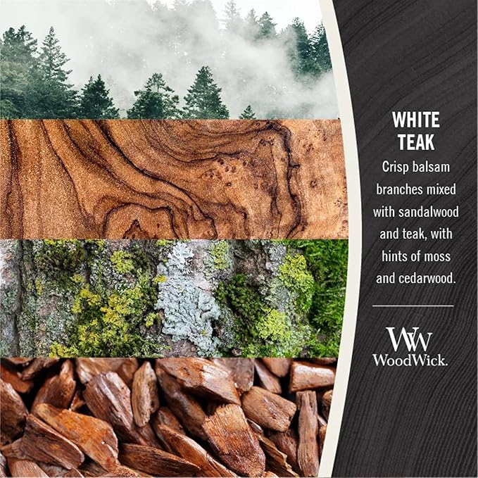 WoodWick Medium Hourglass Candle White Teak - Premium Soy Blend Wax Pluswick Innovation Wood Wick Made in USA