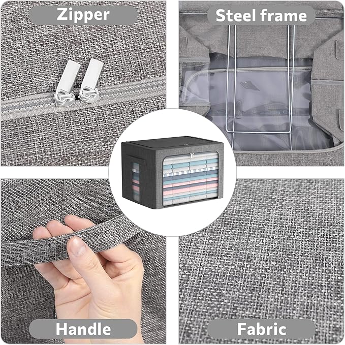 FHSQX 2 Pack Clear Window Storage Bins Foldable Fabric Storage Bins Boxes for Clothes Stackable Box Organizer Set with Carrying Handles (Gray,22L, 15.7x 11.8x 7.8 Inch)