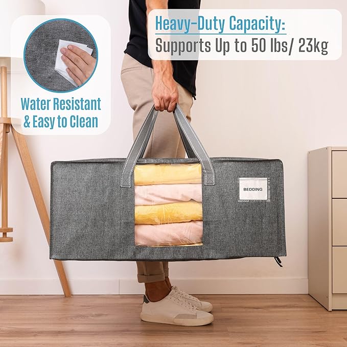 VENO 4 Pack Heavy Duty Moving Bags, Christmas Storage Bins with Lids, Transparent Window Design, Alternative to Moving Boxes, Storage Bags for Clothes, Blankets, Comforters, Pillows (Gray, 4 Pack)