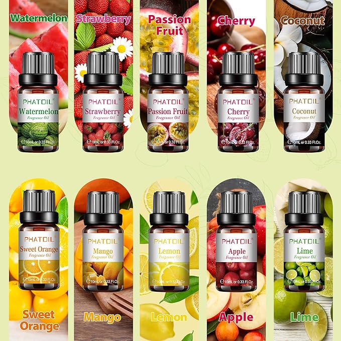 PHATOIL 10Pcs Fruity Fragrance Oil Set, Coconut, Cherry, Apple, Strawberry, Mango Oils for Candle Making, Freshie Scents for DIY Soap Making, Diffuser Oil Scents Set