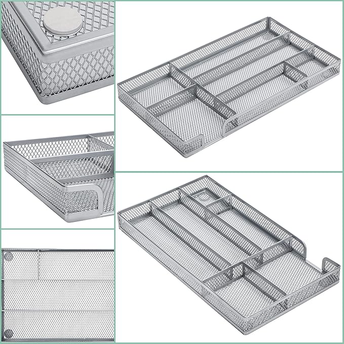Annova Desk Drawer Organizer Tray for Office Organization - Metal Mesh - Storage Tray with Dividers for Pens, Desktop Accessories, Bathroom, Kitchen, Makeup and Office Supplies (Small, Silver)