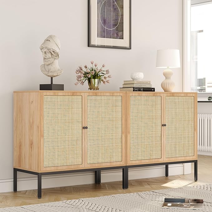 Yechen 31.5" Sideboard Cabinet with Natural Rattan Decorated Doors, Rattan Cabinet, Accent Buffet Console Storage Cane Credenza Cupboard, for Living Room Dining Room Entryway Kitchen, Metal Legs