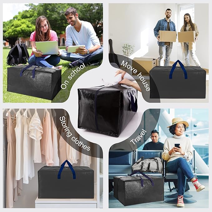 VELVETSURE 12 Pack Heavy Duty Extra Large Moving Bags W/Backpack Straps - Strong Handles & Zippers, Storage Totes For Space Saving, Fold Flat, Alternative to Moving Box and Storage Bin, Black