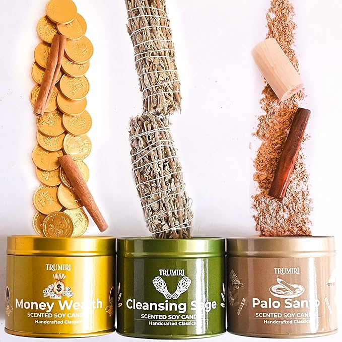 Cleansing Sage, Palo Santo, Money Wealth - Soy Candles Non Toxic - Highly Scented Long Lasting with Essential Oils - Variety Pack of 3 x 5oz - for Home Aromatherapy Meditation Gift Travel