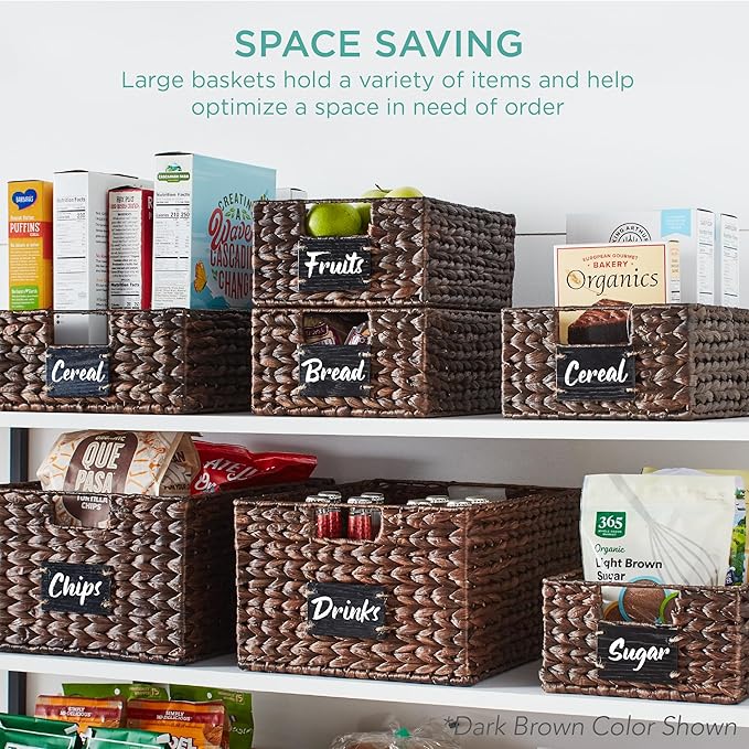 Best Choice Products Set of 4 13x12in Water Hyacinth Pantry Baskets, Woven Organizers w/Chalkboard Label, Chalk Marker - White